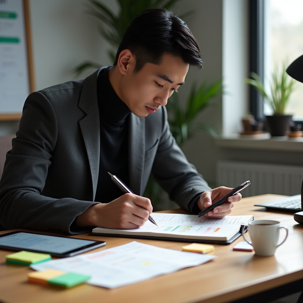 Professional reviewing workflow planning documentation during training